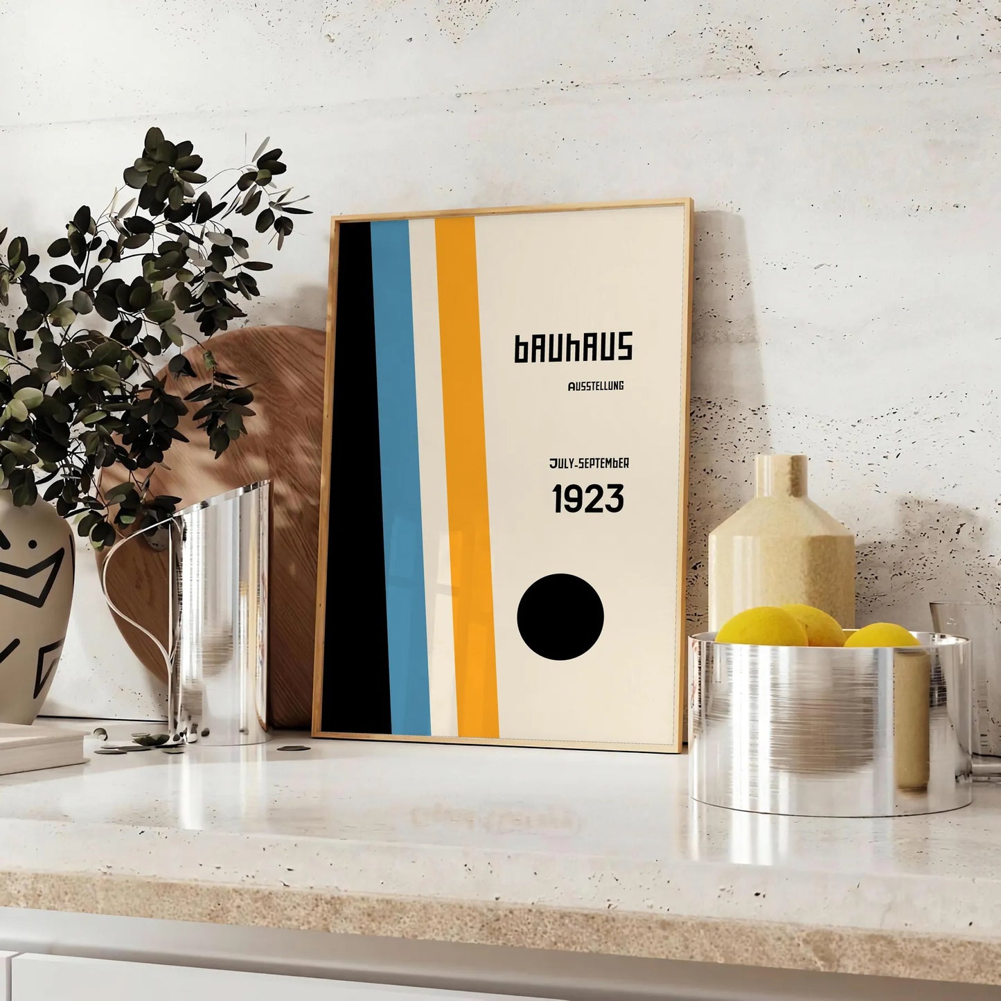 space vintage Bauhaus poster stunning gray white tones wall art thoughtful gift artwork classic appeal various print sizes A4 cm A0