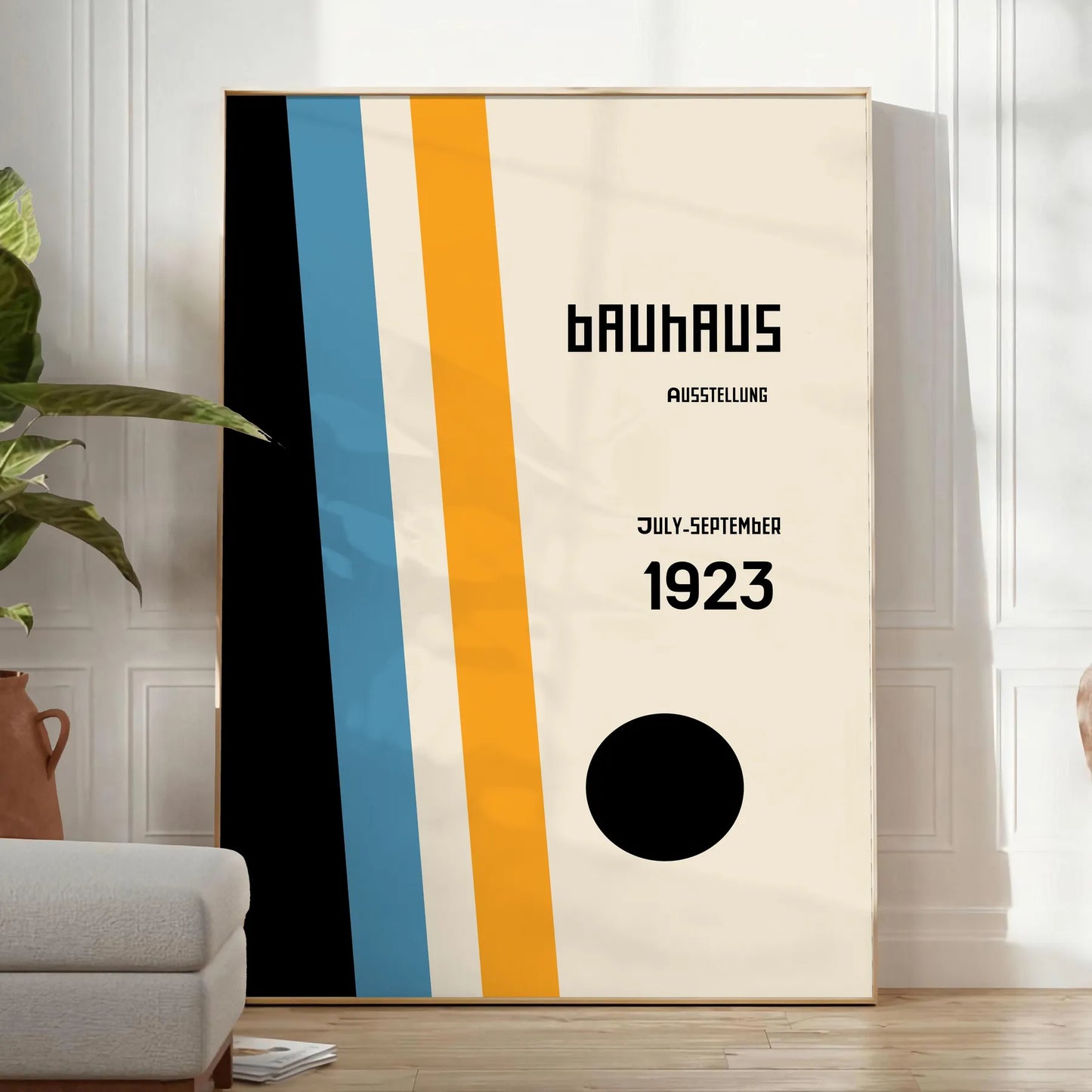 space vintage Bauhaus poster stunning gray white tones wall art thoughtful gift artwork classic appeal various print sizes A4 cm A0