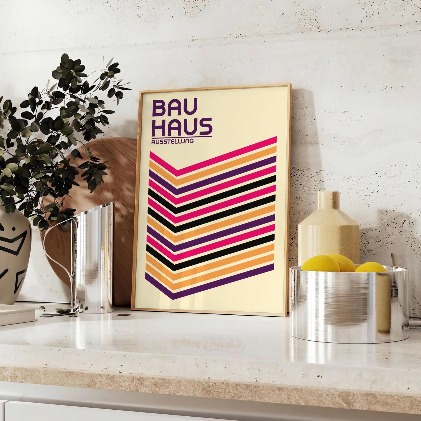 space stunning Bauhaus poster design bold geometric shapes vibrant colors art unique artwork perfect gift modern flair room sizes A4 cm A0