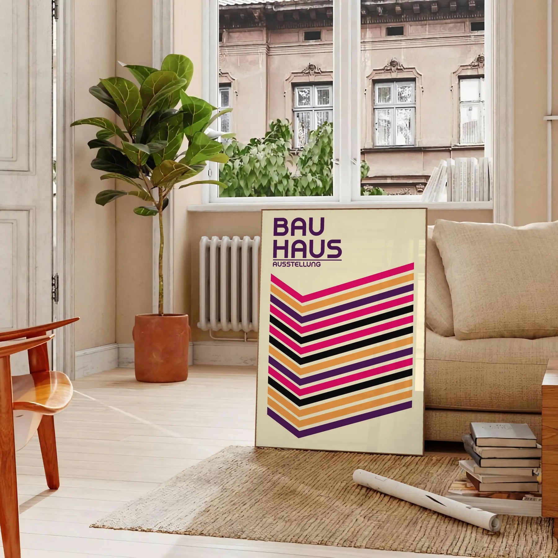 space stunning Bauhaus poster design bold geometric shapes vibrant colors art unique artwork perfect gift modern flair room sizes A4 cm A0